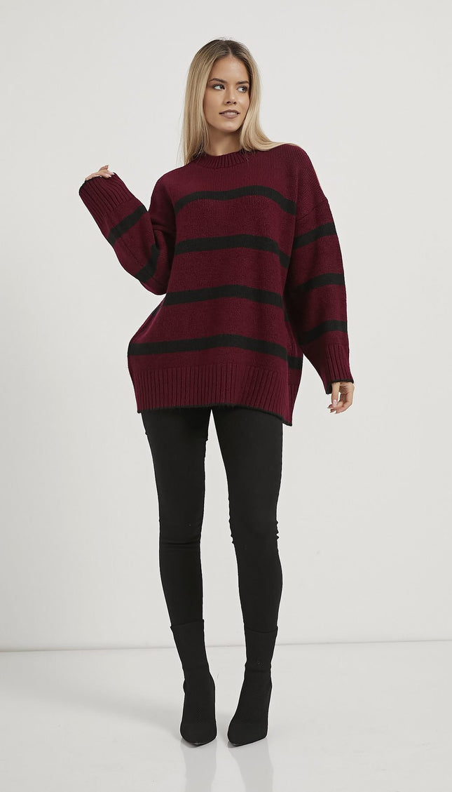 Oversize-Strickpullover mit Bisskragen bordeaux/schwarz