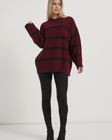 Oversize-Strickpullover mit Bisskragen bordeaux/schwarz