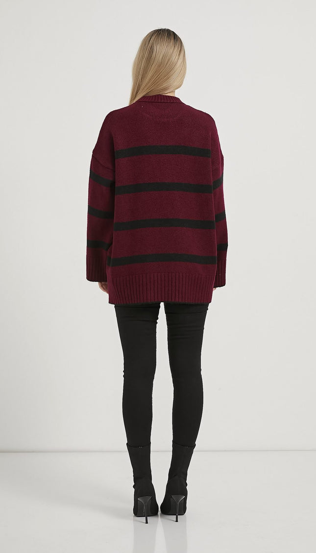 Oversize-Strickpullover mit Bisskragen bordeaux/schwarz