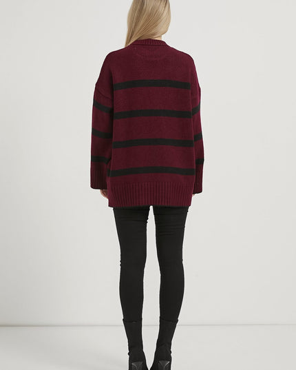 Oversize-Strickpullover mit Bisskragen bordeaux/schwarz