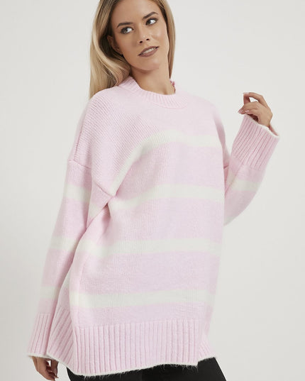 Oversize-Strickpullover mit Bisskragen rosa/weiß