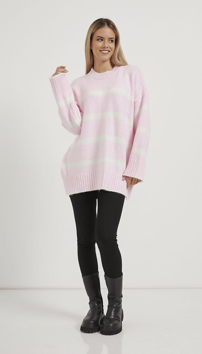 Oversize-Strickpullover mit Bisskragen rosa/weiß