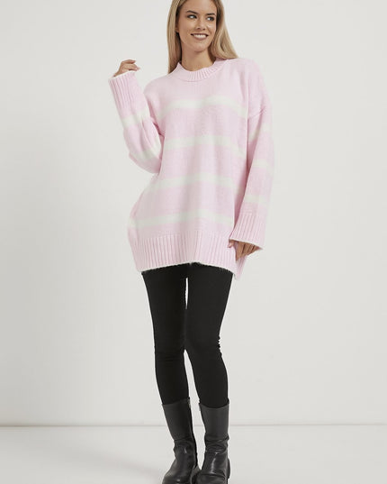 Oversize-Strickpullover mit Bisskragen rosa/weiß
