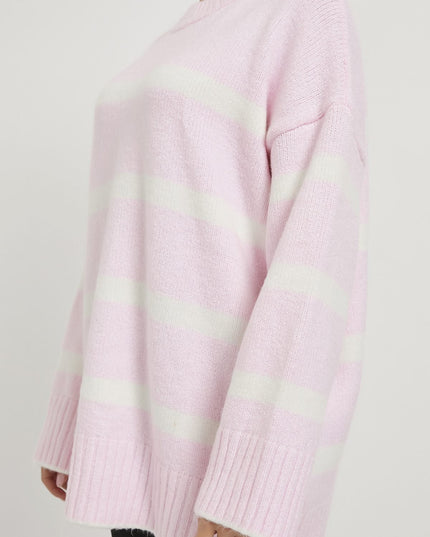 Oversize-Strickpullover mit Bisskragen rosa/weiß