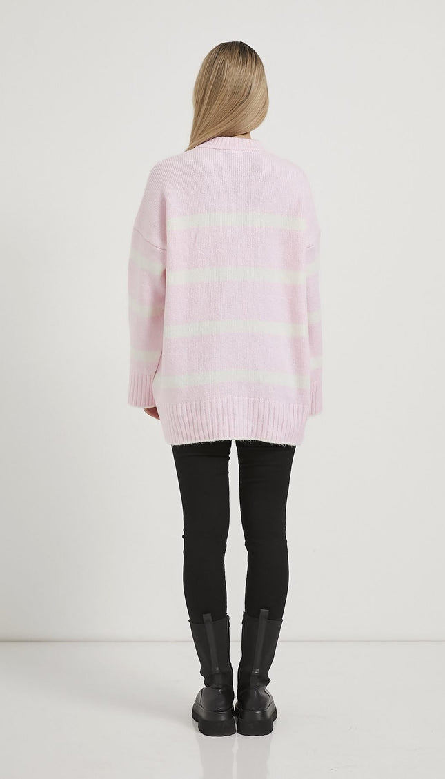 Oversize-Strickpullover mit Bisskragen rosa/weiß