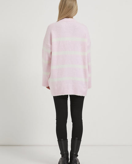 Oversize-Strickpullover mit Bisskragen rosa/weiß