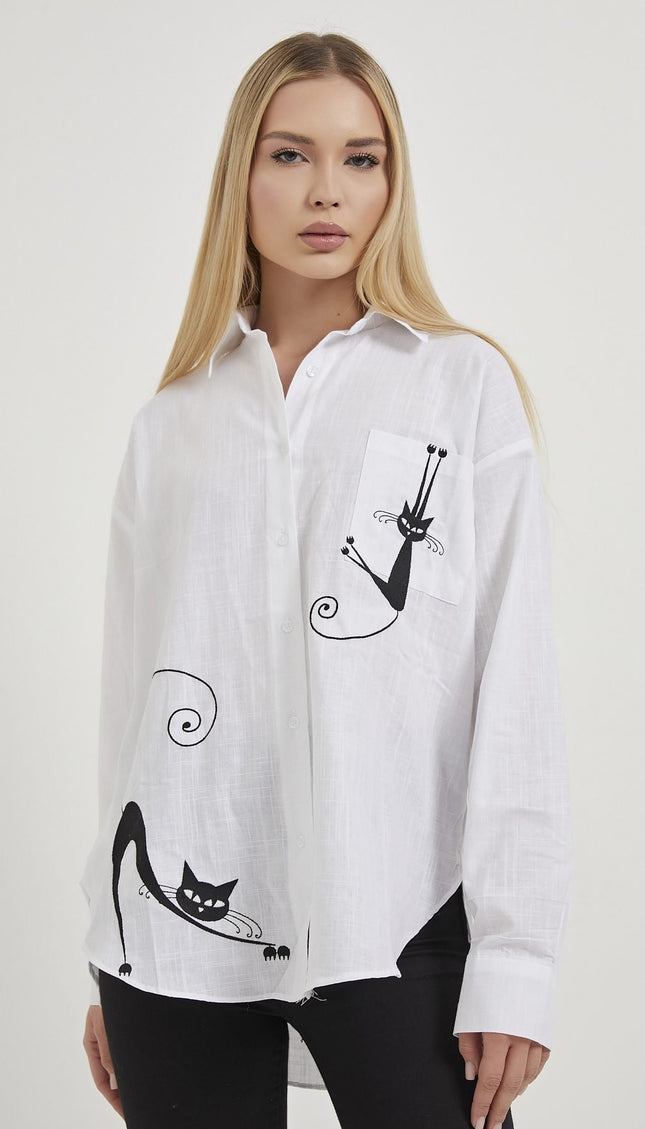 Damenhemd mit Katzenstickerei