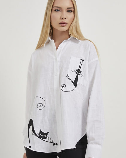 Damenhemd mit Katzenstickerei