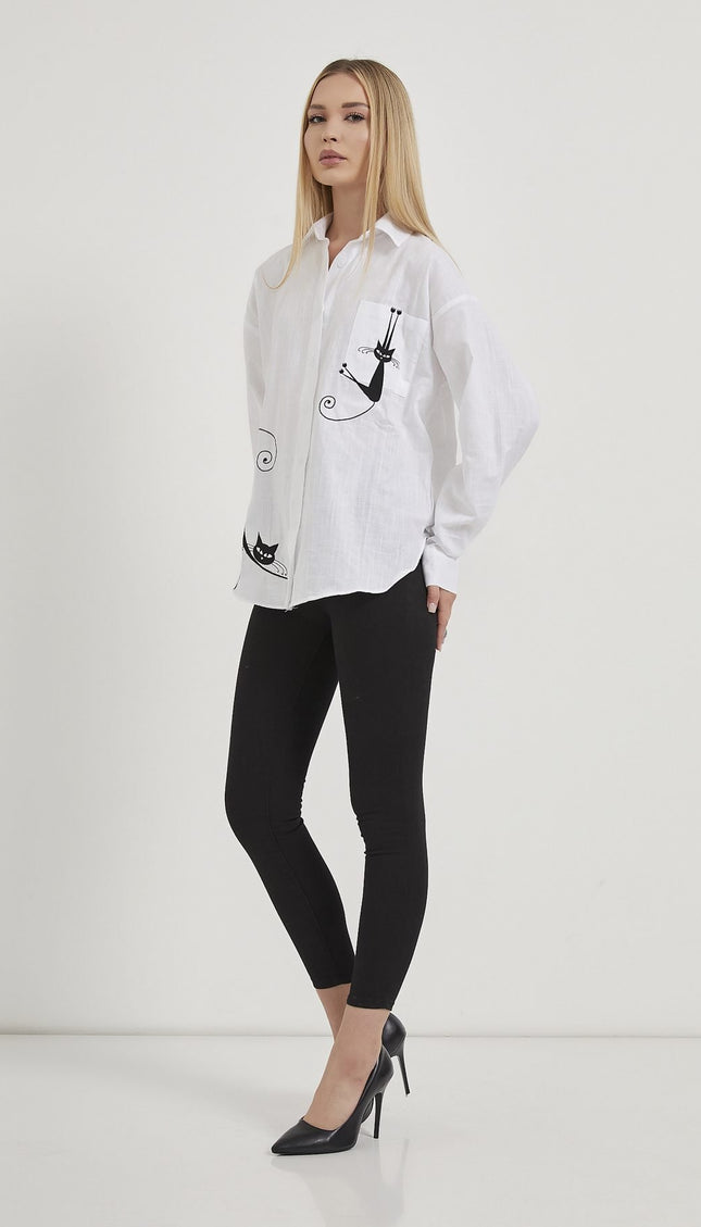 Damenhemd mit Katzenstickerei