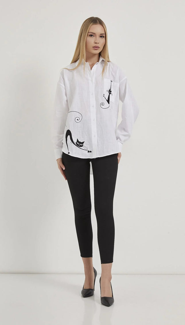 Damenhemd mit Katzenstickerei