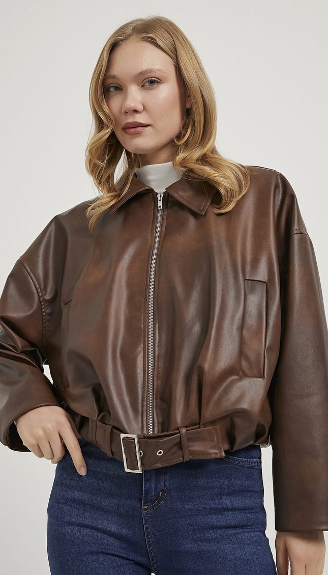 Damenjacke mit Kunstleder‑Bombergürtel