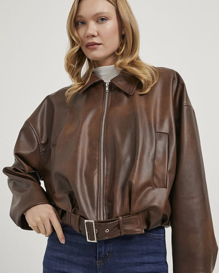 Damenjacke mit Kunstleder‑Bombergürtel